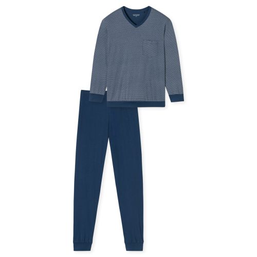 Schiesser Heren Pyjama Lang V-hals Blauw